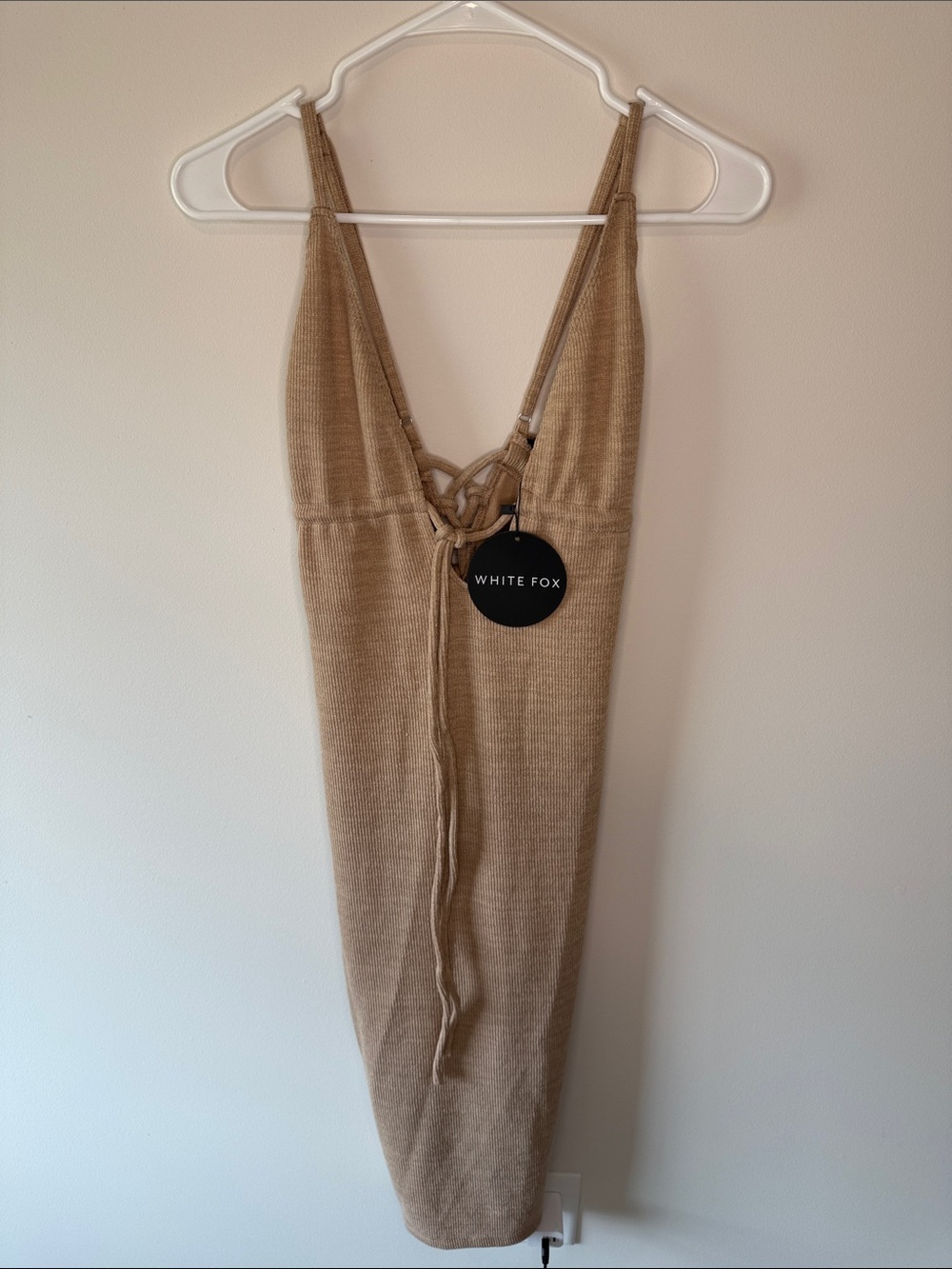 White Fox Boutique Beige Knit Midi Dress with Lace-Up Back
